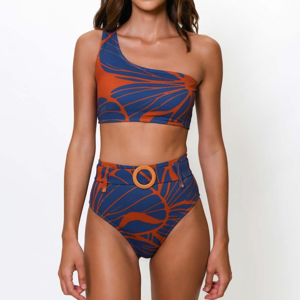 Hutch One-Shoulder High-Waist Bikini Set in Navy and Burnt Orange